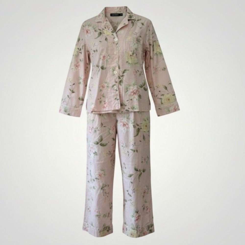 Lauren Ralph Lauren Pajama Set Women PS Pink Floral Cropped Cottagecore Romantic